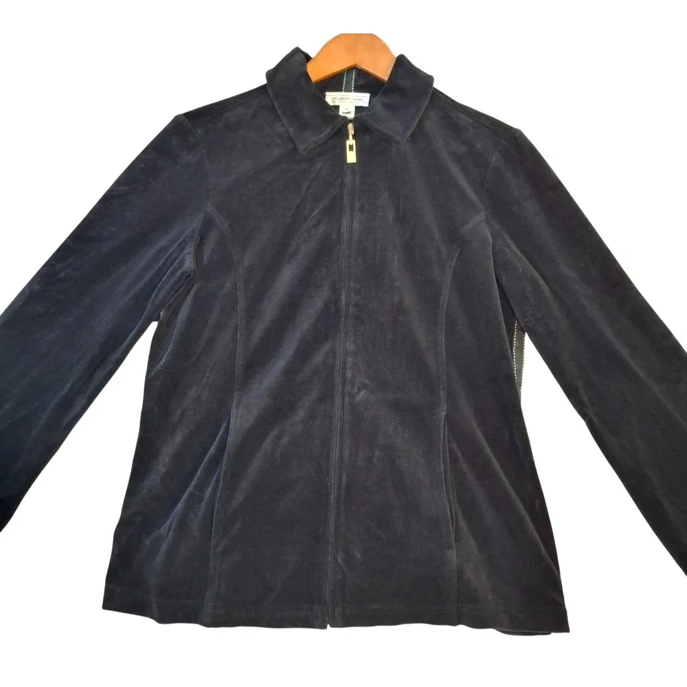 St John Sport Velour Jacket Women's Small Full Zip Suede Stretch‎ Fitted Pockets